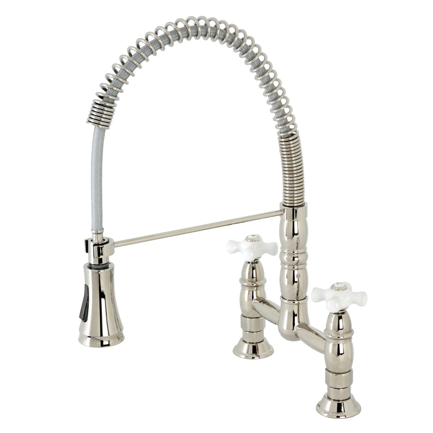 Kingston Tulare GS1276PX - Heritage Double-Handle 2-Hole Deck-Mount Pre-Rinse Bridge Kitchen Faucet, Polished Nickel — image 1